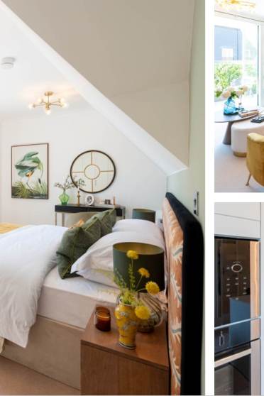 A modern apartment with a bright bedroom, open-plan living and dining area, and a contemporary kitchen with white cabinets and stainless steel appliances.