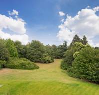 Large grassy lawn bordered by dense green trees under a blue sky with scattered white clouds.
