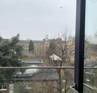 View from an open window showing a cloudy sky, distant buildings with a clock tower, and bare trees. A bird is flying in the sky.