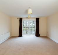 Empty room with beige walls and carpet, white ceiling, and a hanging light fixture. A window with dark curtains opens onto a view of trees outside, with a radiator on the left wall.