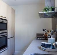 Modern kitchen with a double oven, stove, and stainless steel hood. Countertop holds plates, cups, and a teapot. Potted plants adorn the window and hood. Light wood cabinetry.