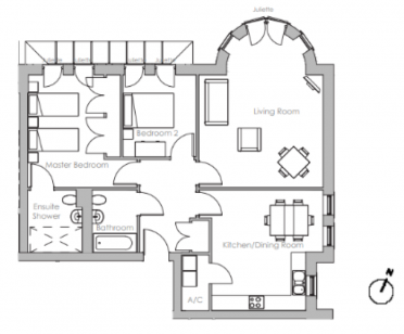 Black and white floor plan showing two bedrooms, two bathrooms, a living room with a Juliet balcony, and a combined kitchen/dining area.