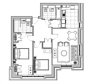 Black and white floor plan showing two bedrooms, two bathrooms, a kitchen, dining area, and living room with clear furniture layouts and door placements.