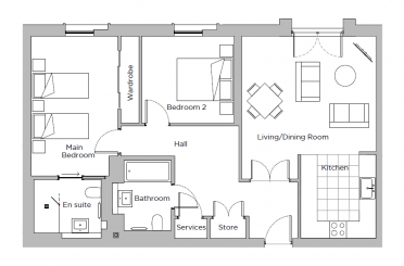 Black and white floor plan of an apartment with two bedrooms, two bathrooms, a kitchen, a living/dining room, a hall, a wardrobe, a store, and a services area.