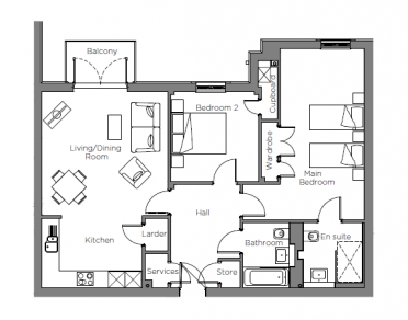 Floor plan of a two-bedroom apartment with living/dining room, kitchen, larder, hall, bathroom, store, en suite, wardrobe, cupboard, and balcony.