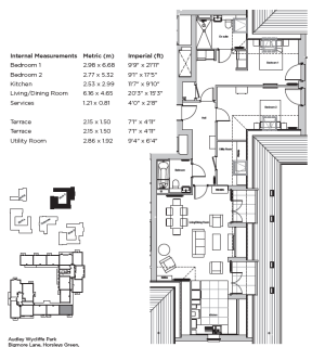 Floor plan of an apartment with labeled rooms, dimensions in metric and imperial units, showing bedrooms, kitchen, living/dining area, utility room, hall, and terraces.
