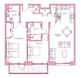 Floor plan of a two-bedroom apartment featuring a main bedroom with en suite, a second bedroom, shared bathroom, kitchen, living/dining room, utility cupboard, store room, and a balcony.