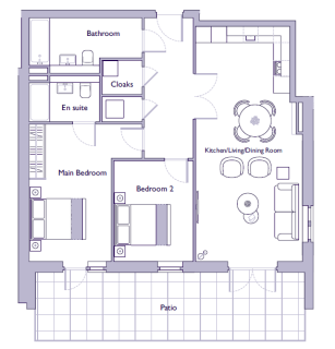 Floor plan of a two-bedroom apartment with main bedroom (en suite), second bedroom, bathroom, kitchen/living/dining room, cloakroom, and patio.