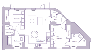 Floor plan of a two-bedroom apartment featuring an open kitchen/living/dining area, main bedroom with en suite, bathroom, two storage areas, and wardrobes.
