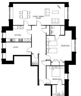 Floor plan of a two-bedroom apartment featuring a living/dining room, kitchen, study, and two bathrooms.