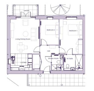 Blueprint of a small apartment showing two bedrooms, a living/dining room, kitchen, shower room, en suite, hall, and terrace.
