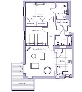Blueprint of an apartment with two bedrooms, two bathrooms, a kitchen, and living/dining room. Includes a balcony and multiple storage areas.