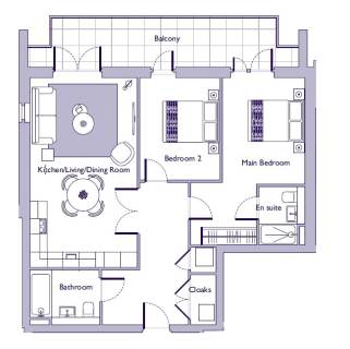 Floor plan of an apartment with two bedrooms, a kitchen/living/dining room, bathroom, en suite, cloakroom, and a balcony.