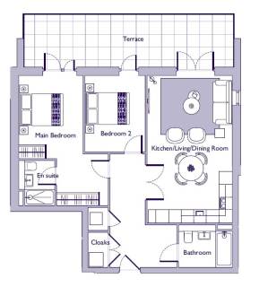 Floor plan of a two-bedroom apartment with a main bedroom, en suite, second bedroom, kitchen/living/dining area, bathroom, cloaks, and terrace.