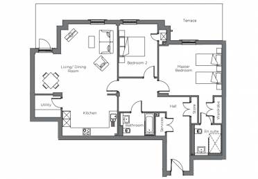 Black and white floor plan of a two-bedroom apartment featuring a living/dining room, kitchen, utility room, two bathrooms, storage, and a terrace.