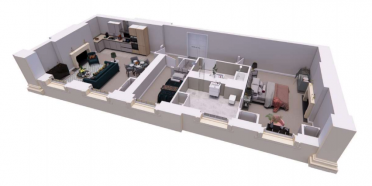 A 3D floor plan shows an apartment with a kitchen and living area, two bathrooms, three bedrooms, and various pieces of furniture throughout the rooms.