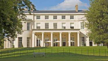 Grand pale-stone mansion with Ionic columns