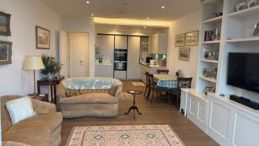 Cozy living room and open kitchen with a dining area, featuring sofas, a patterned rug, bookshelves, and framed art on the walls.