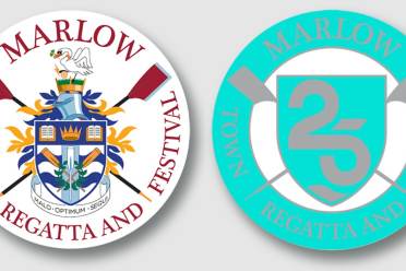 Two circular logos for the Marlow Town Regatta and Festival; the left features a crest with oars, the right a simplified design with a shield and “25” marking the 25th anniversary.