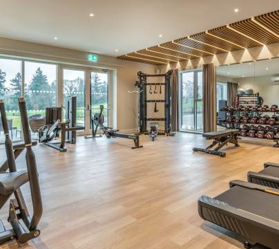 Modern gym with various exercise machines, free weights, benches, and large windows showing a green outdoor area.