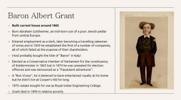 Snapshot from Mr Towler's work: A Brief History Of Cooper's Hill A sepia illustration of Baron Albert Grant stands beside text summarizing his life, achievements, and downfall; he wears a brown suit with a bowtie, hands in his pockets.