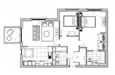 Black and white floor plan of an apartment with two bedrooms, a living room, kitchen, dining area, bathroom, laundry room, and a balcony with seating.