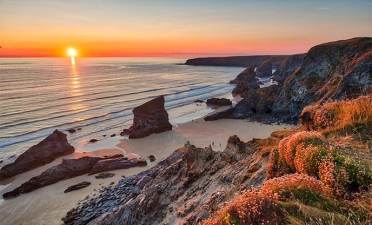 Sunset over a rocky coastline with steep cliffs, sandy beach, and wildflowers in the foreground. Waves gently reach the shore.
