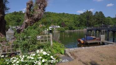 A riverside scene shows a moored boat, flowering plants, and houses across the water under a clear sky, with "Marsh Meadows & Thames Path" text in the corner.
