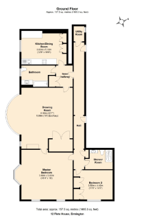 Floor plan of a ground floor showing a kitchen/dining room, utility room, bathroom, inner hallway, drawing room, master bedroom with ensuite, bedroom, and shower room. Total area: 157.5 sq. meters.
