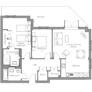 Black and white floor plan of an apartment with two bedrooms, two bathrooms, a kitchen, living/dining room, hall, wardrobe, store, services, and terrace.