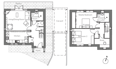 Floor plan showing two separate buildings connected by a car port. Left building has kitchen, living/dining room, shower; right building has two bedrooms, study, and en suite shower.