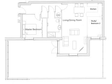 Black and white floor plan showing a master bedroom, a bathroom, a living/dining room, a kitchen, and a study/bedroom 2. Furniture layout is included.